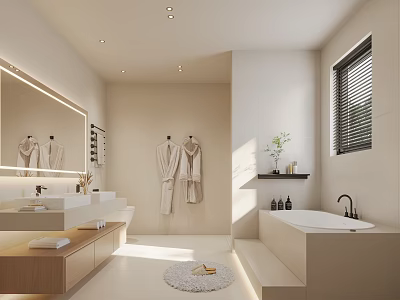 Modern Bathroom Interior Design With Large Mirror Double Vanity Hanging Robes And Freestanding Bathtub 3d model
