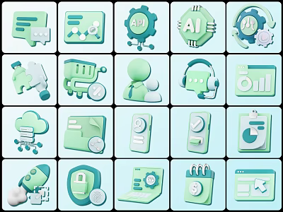 E-commerce Icons Collection Featuring Shopping Cart AI Cloud User Avatar Headphones And Charts 3d model