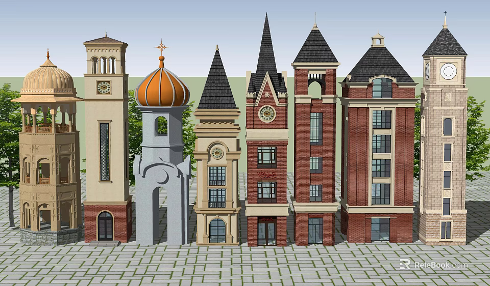 Various Architectural Style Towers With Dome Spires Clock Tower And Red Brick Facades 3d model 