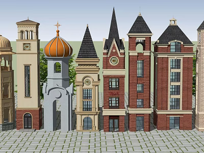 Various Architectural Style Towers With Dome Spires Clock Tower And Red Brick Facades 3d model