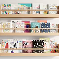 Organized Wooden Display Shelves with Colorful Children's Books and Illustrations