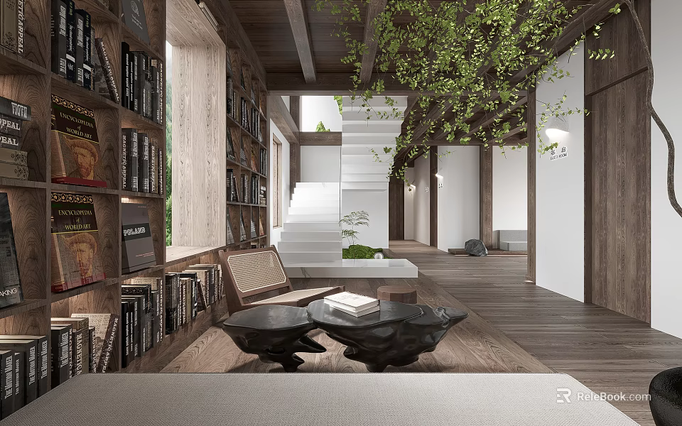 Cozy Hotel Public Lounge Area With Wooden Bookshelves Hanging Green Plants And Staircase 3d model 