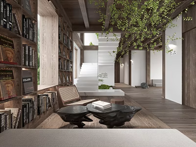Cozy Hotel Public Lounge Area With Wooden Bookshelves Hanging Green Plants And Staircase 3d model