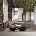 Cozy Hotel Public Lounge Area With Wooden Bookshelves Hanging Green Plants And Staircase