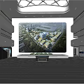 Modern Exhibition Hall With Large Digital Screen Showing City Planning Grid Ceiling And Display Counter