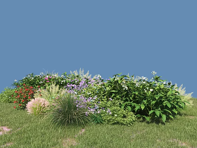 Plant Combination With Red Pink Purple White Flowers Green Foliage Herbs On Grassland Blue Sky 3d model