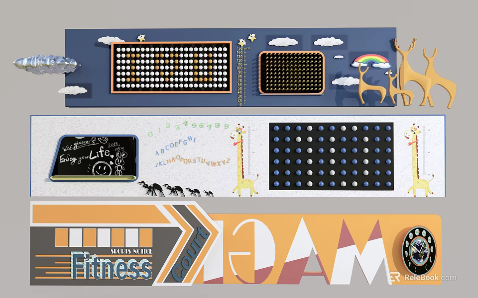 Colorful Feature Wall With Clouds Rainbow Giraffes Chalkboard And Dream Fitness Letters 3d model 