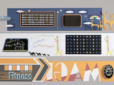Colorful Feature Wall With Clouds Rainbow Giraffes Chalkboard And Dream Fitness Letters 3d model