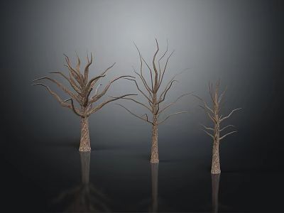 Natural Wooden Stone Decorative Tree Sculptures in Three Sizes with Textured Trunks 3d model