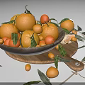 Wooden Plate Decoration With Oranges Tangerines Green Leaves And Scattered Fruits