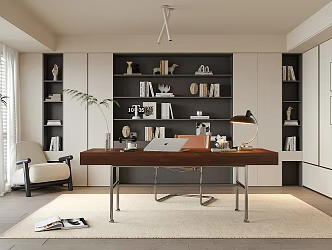 Modern Study Desk and Chair Full Wall Bookcase Book Ornaments 3d model