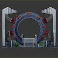 Cartoon Scene Featuring Circular Structure Metal Frames Staircase Platform And Caution Tape