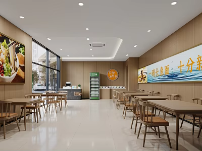 Modern Restaurant Interior With Wooden Walls Dining Tables Chairs And Decorative Paintings 3d model