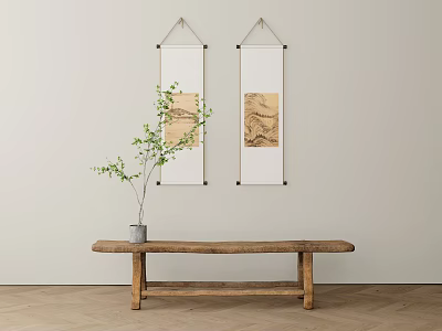 Wooden Bench In Room With Scroll Paintings Green Plant And Vase On Wooden Floor 3d model