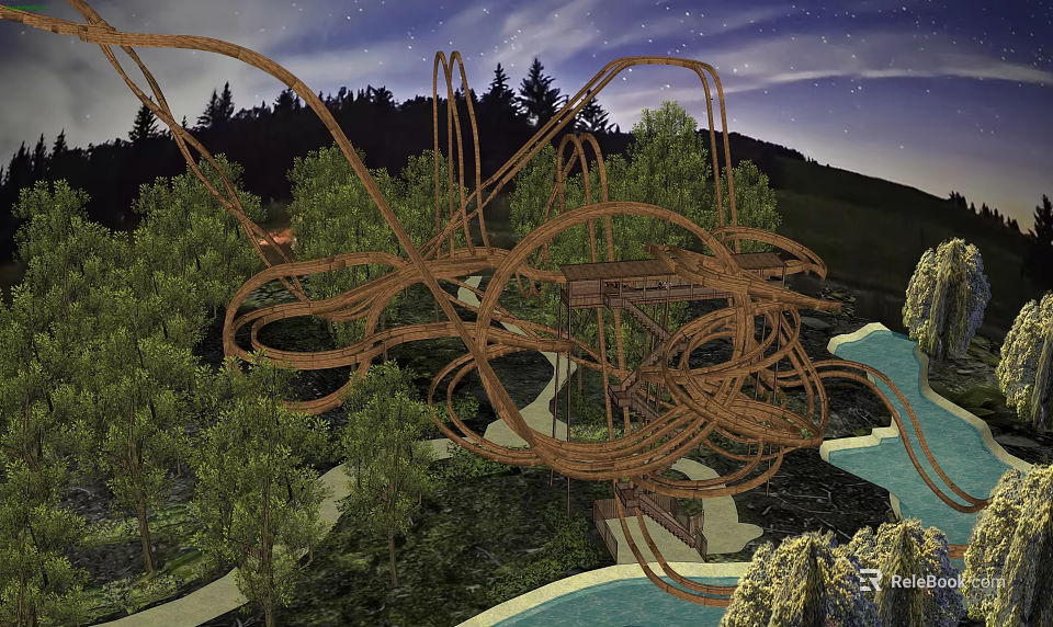 Intricate Wooden Roller Coaster Track Amidst Trees River And Night Sky 3d model 