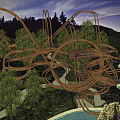 Intricate Wooden Roller Coaster Track Amidst Trees River And Night Sky