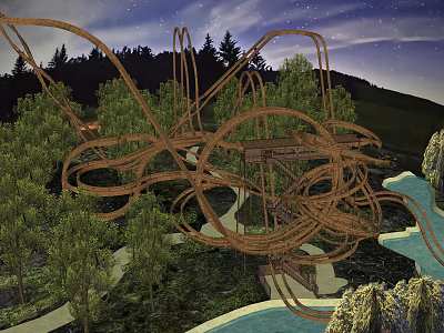 Intricate Wooden Roller Coaster Track Amidst Trees River And Night Sky 3d model