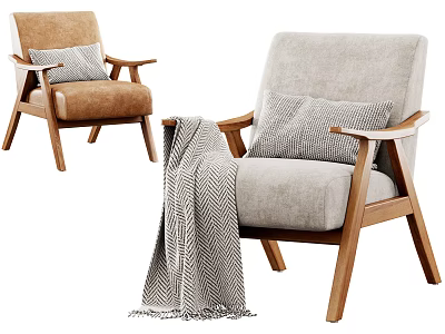 Two Tone Brown and Gray Single Sofa with Wooden Arms Legs Throw Blanket and Pillow 3d model