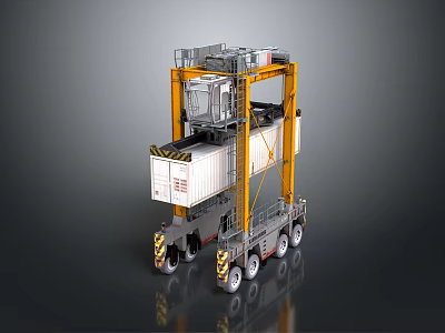 Utility Vehicle Featuring Crane System Lifting Shipping Container On Heavy Duty Wheels 3d model