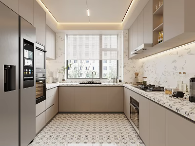 Modern Kitchen Interior Design With Gray Cabinets White Window Curtains And Geometric Tile Floor 3d model