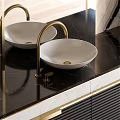 Modern Elegant Bathroom Vanity With Marble Walls Gold Faucet And Dark Cabinets