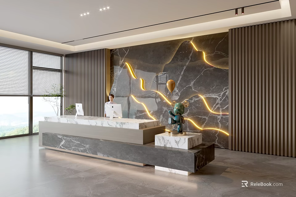 Modern Reception Area Design With Marble Feature Wall And Recessed Lighting 3d model 
