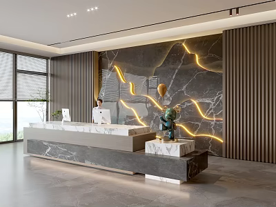 Modern Reception Area Design With Marble Feature Wall And Recessed Lighting 3d model