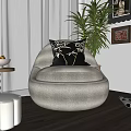 Beige Upholstered Accent Chair In Cozy Interior With Window Green View And Wall Art