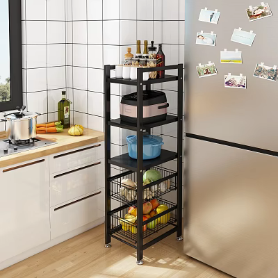 Black Multi tier Bathroom Cabinet Rack with Storage Shelves and Wheels 3d model