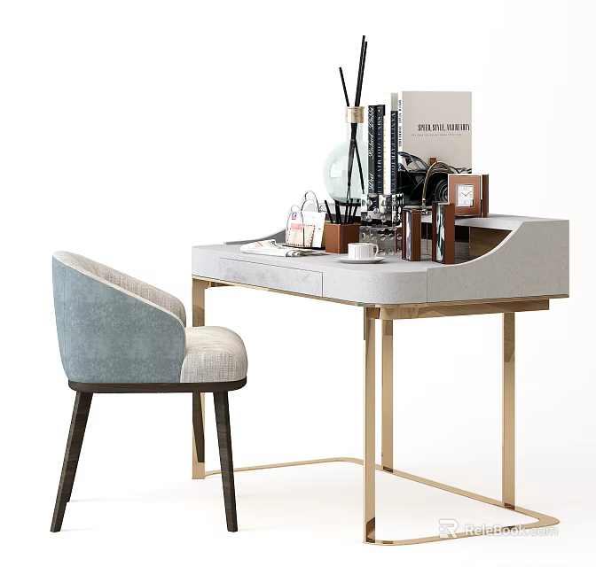 Elegant Modern Dressing Table With Gray Countertop Gold Legs Typewriter Stationery And Blue Chair 3d model 