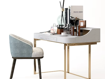 Elegant Modern Dressing Table With Gray Countertop Gold Legs Typewriter Stationery And Blue Chair 3d model