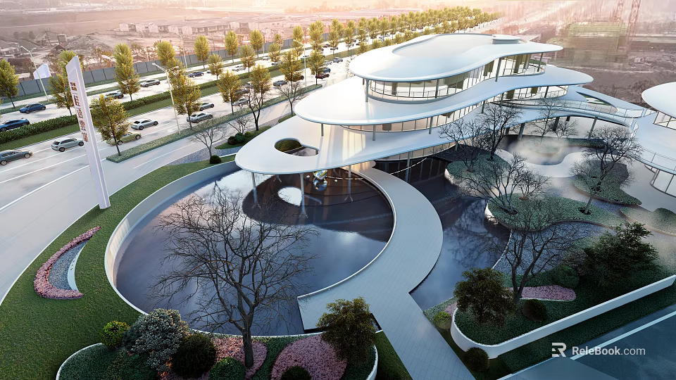 Modern Sales Office Building With Curved Roof Glass Facade And Landscape Water Feature 3d model