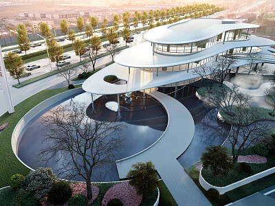 Modern Sales Office Building With Curved Roof Glass Facade And Landscape Water Feature 3d model