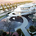 Modern Sales Office Building With Curved Roof Glass Facade And Landscape Water Feature 3d model
