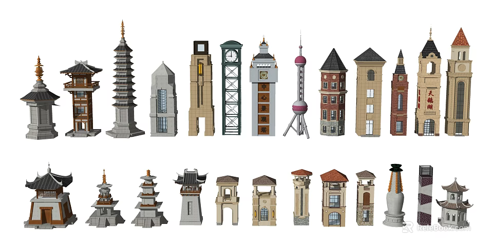 Diverse Architectural Towers Featuring Traditional And Modern Design Elements 3d model 
