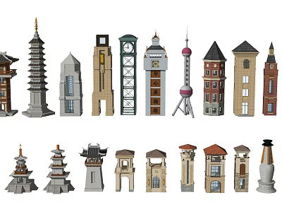 Diverse Architectural Towers Featuring Traditional And Modern Design Elements 3d model