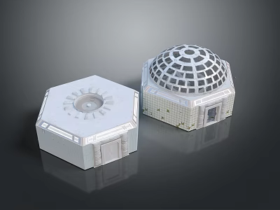 Cartoon Scene Featuring Futuristic Buildings With Octagonal Base Round Top And Grid Dome Structure 3d model