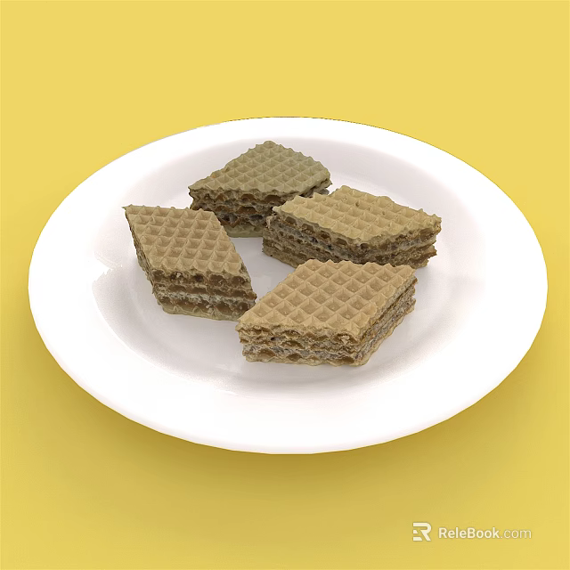Delicious Crispy Layered Waffles Served On White Plate Over Yellow Background 3d model 