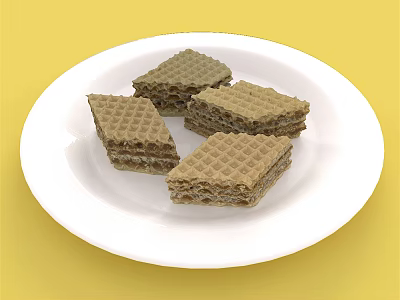 Delicious Crispy Layered Waffles Served On White Plate Over Yellow Background 3d model
