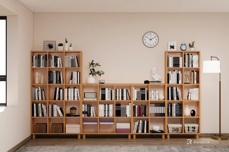 Wooden Multi Tiered Bookcase With Shelves Books Decorative Items Green Plant And Wall Clock 3d model 