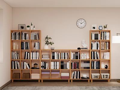 Wooden Multi Tiered Bookcase With Shelves Books Decorative Items Green Plant And Wall Clock 3d model