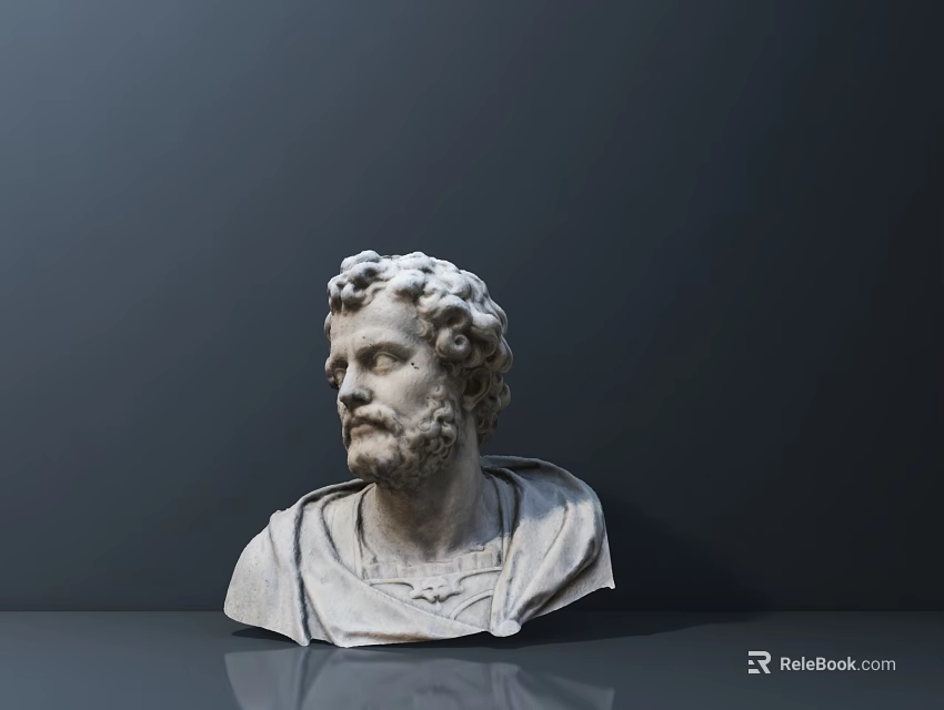 Marble Bust Sculpture with Curly Hair and Beard on Smooth Surface Against Dark Background 3d model 