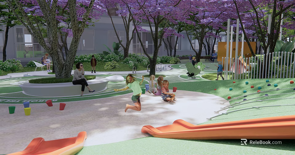 Residential Landscape With Purple Flowering Trees Children Playing On Slide And Adults Resting 3d model 