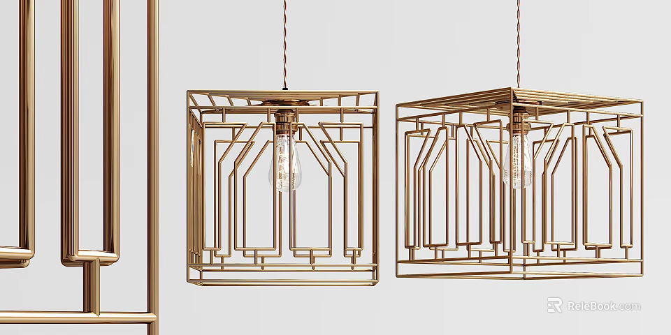 Set of Three Golden Geometric Frame Pendant Lights For Modern Home Interior Lighting 3d model 