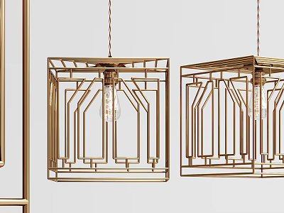 Set of Three Golden Geometric Frame Pendant Lights For Modern Home Interior Lighting 3d model