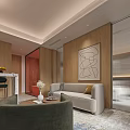 Modern Hotel Guest Room with Textured Wall King Bed Large Windows Marble Dresser Patterned Carpet