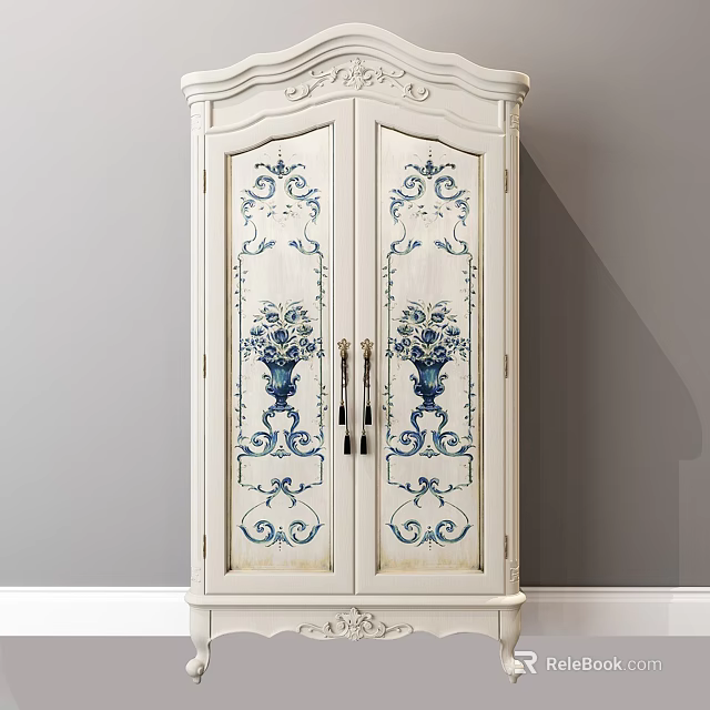 Elegant Vintage White Wardrobe With Blue Floral Patterns And Vase Designs 3d model 
