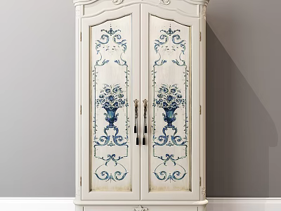 Elegant Vintage White Wardrobe With Blue Floral Patterns And Vase Designs 3d model