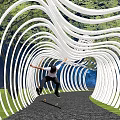 Scenic Garden Landscape with White Wavy Archway People Jogging on Path Surrounded by Green Trees