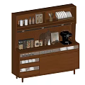 Brown Wooden Sideboard With Shelves Drawers And Coffee Machine On Top